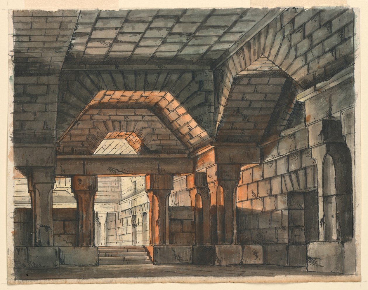 Scenografia, interno del castello fortificato per "Ciro in Babilonia" di Gioachino Rossini, La Scala, Milano, 1818, "Prigione Sotterranea" da Romolo Achille Liverani