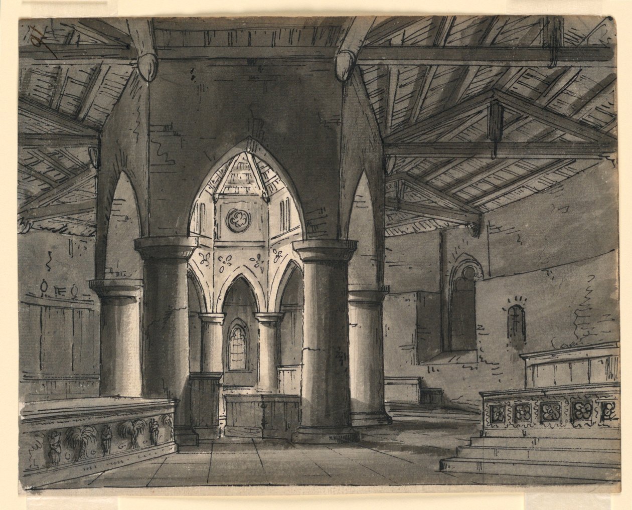 Progetto scenografico, interno di cappella gotica da Romolo Achille Liverani