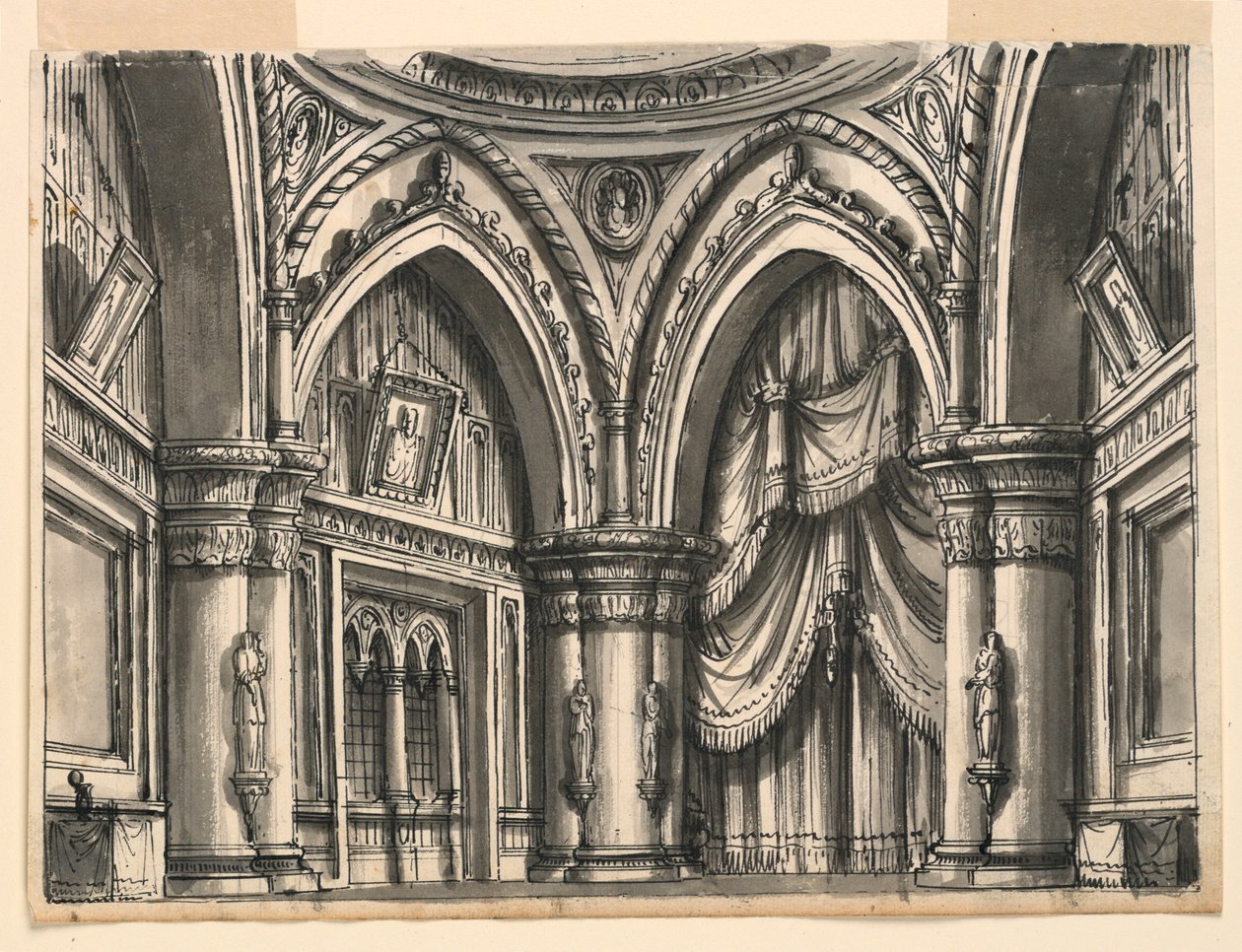 Progetto di Scenografia, Interno di Sala Gotica Alta con Archi Ogivali da Romolo Achille Liverani