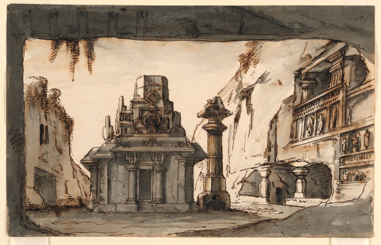 Scenografia, edifici orientali tra grotte e rocce da Romolo Achille Liverani