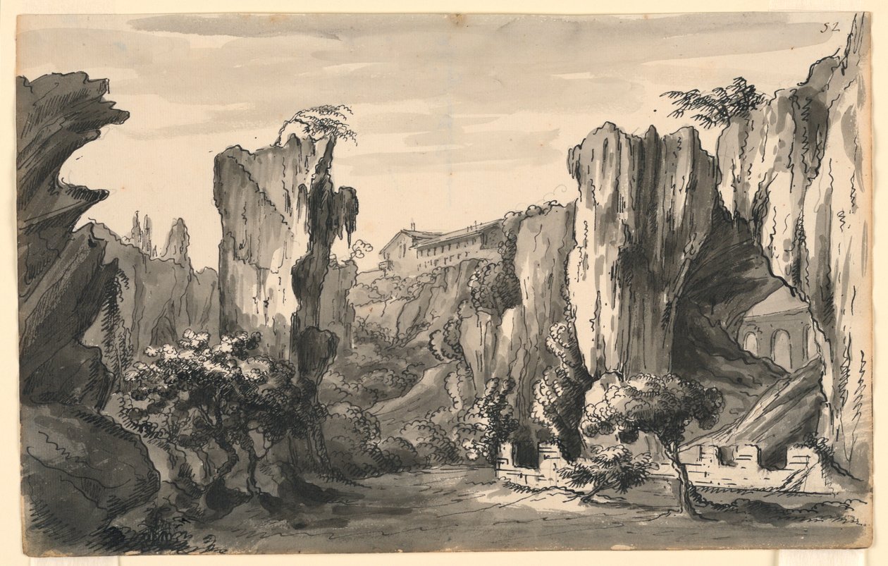 Scenografia, valle rocciosa con edifici da Romolo Achille Liverani