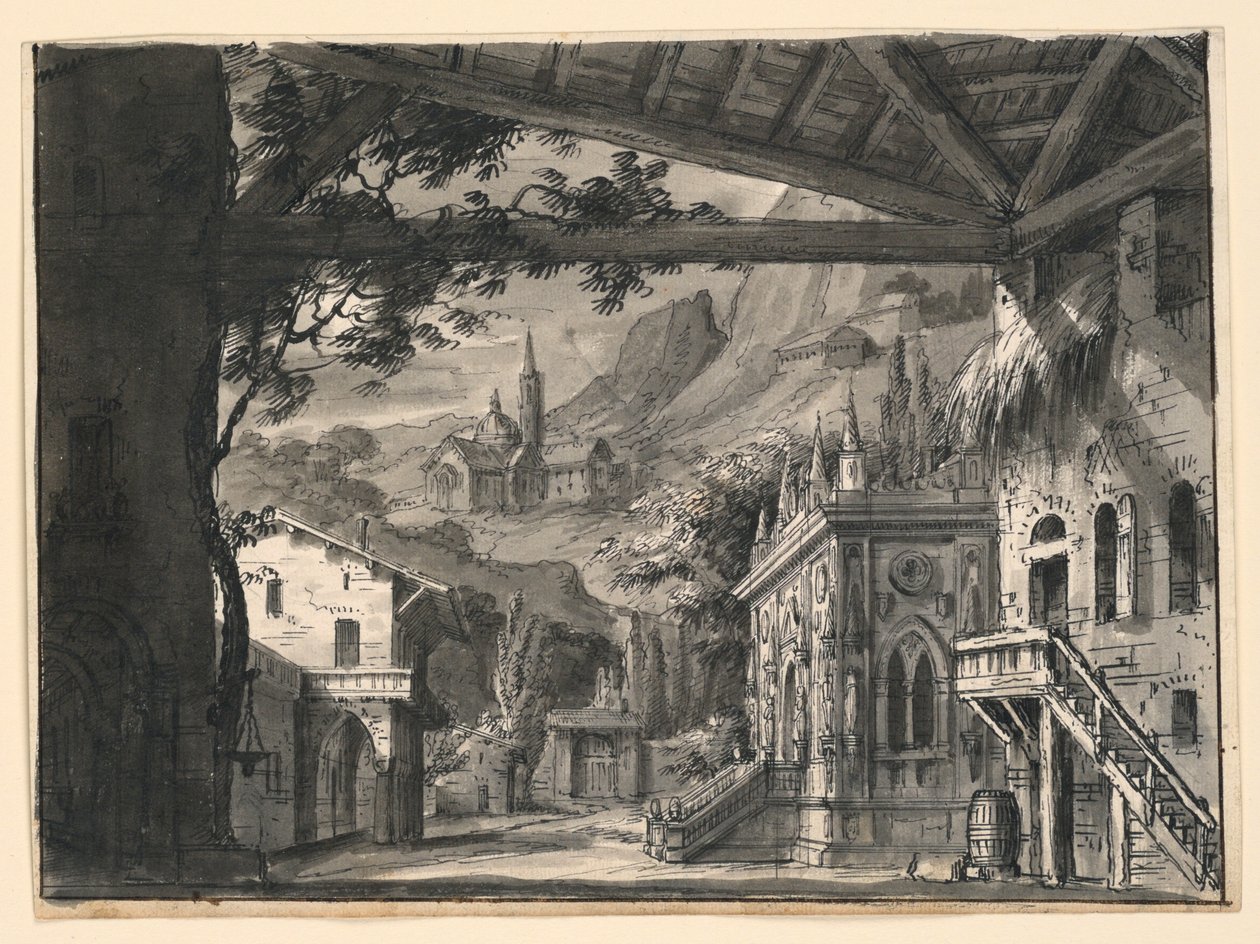 Scenografia: villaggio in paesaggio collinare, per L