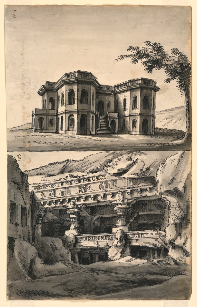 Progetti di Scenografie, Castello nel Paesaggio e Templi e Grotte da Romolo Achille Liverani