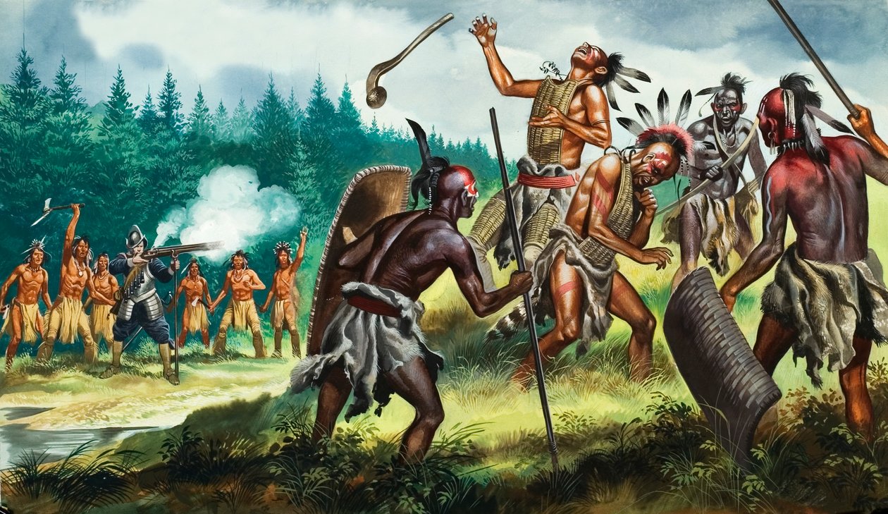 Colonie inglesi in lotta contro la confederazione irochese, XX secolo (gouache su carta) da Ron Embleton