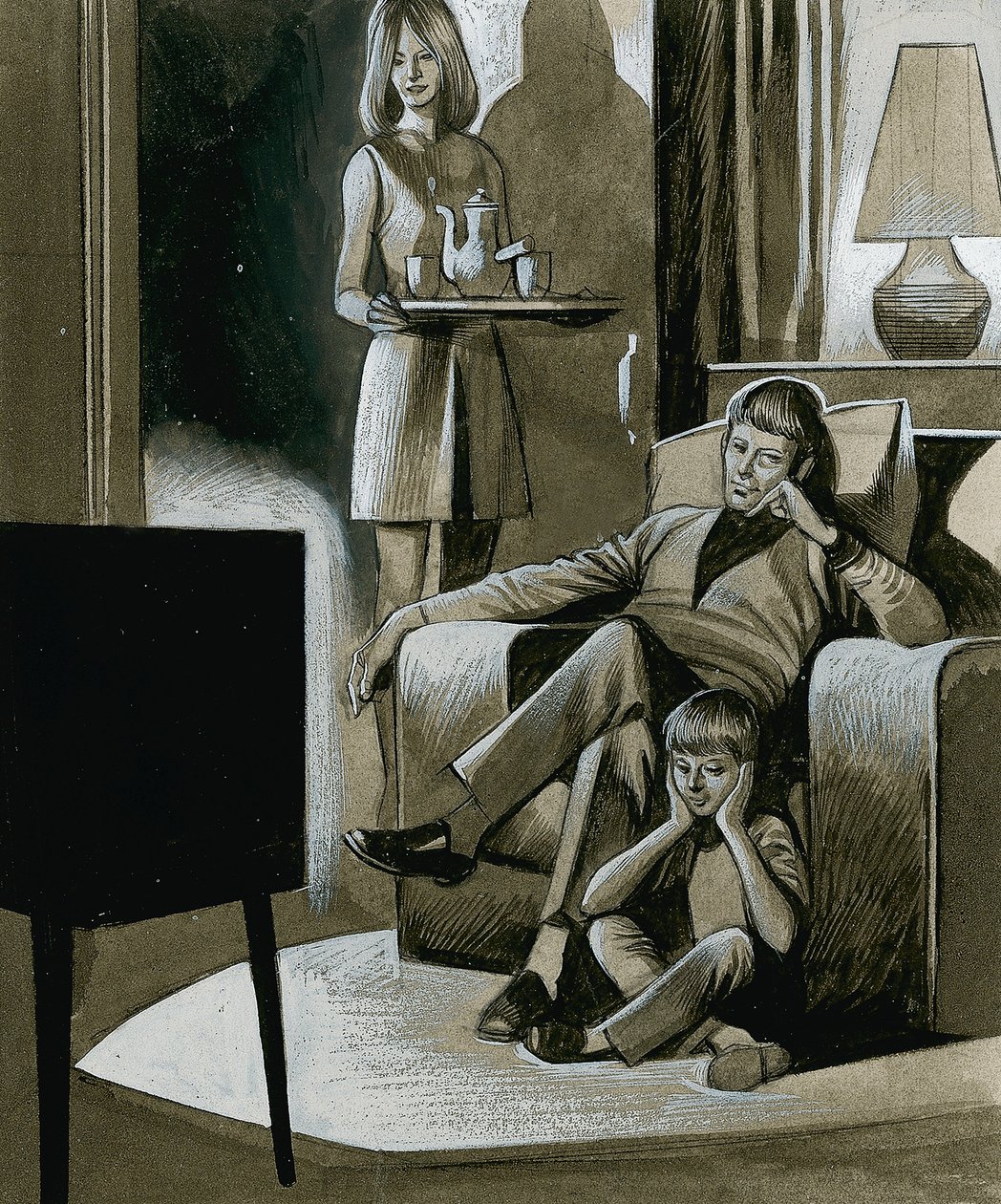 Una famiglia che guarda la televisione in bianco e nero negli anni 