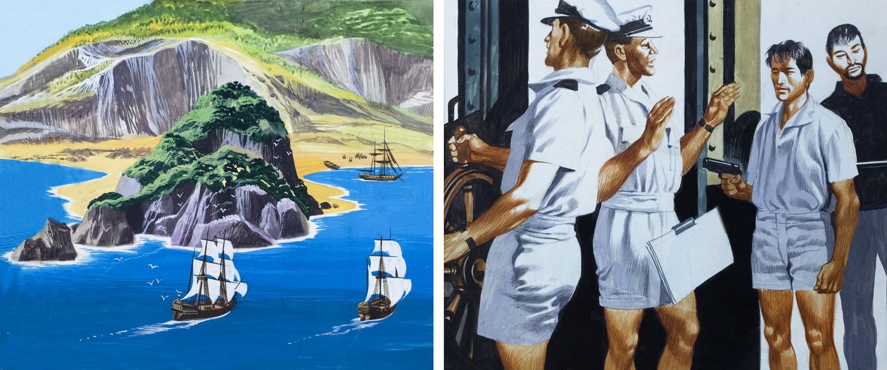 Men of the Jolly Roger: The Pirate Flags Come Down (gouache su carta) da Ron Embleton