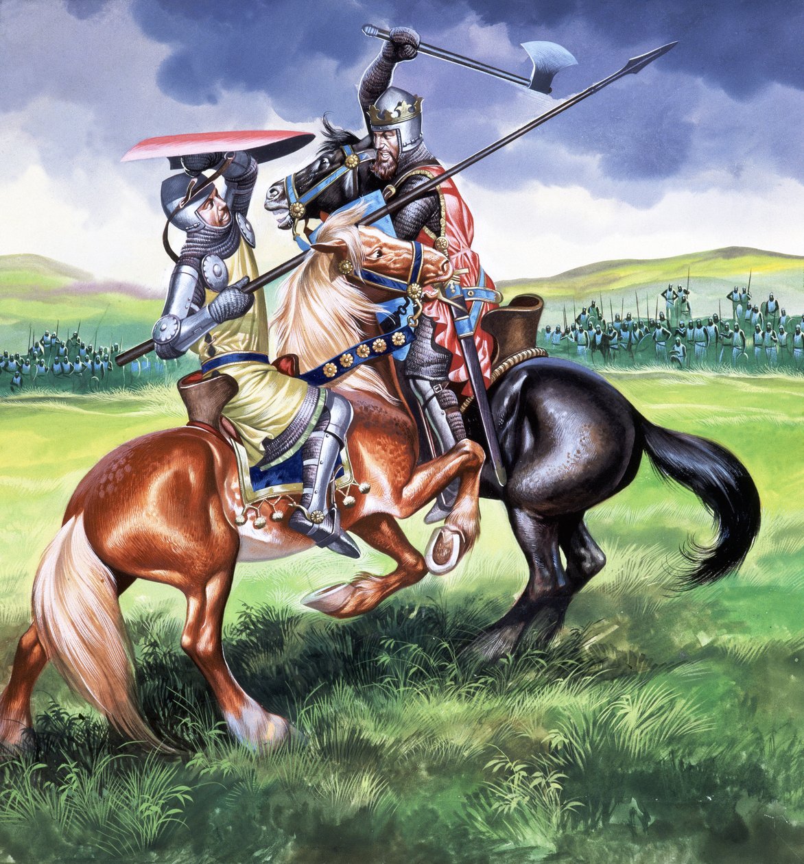 Robert the Bruce, re di Scozia, in procinto di uccidere Sir Henry de Bohum (gouache su carta) da Ron Embleton