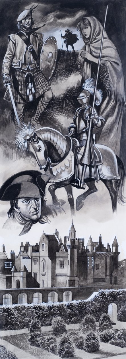 Castello scozzese e personaggi della storia scozzese (gouache su carta) da Ron Embleton