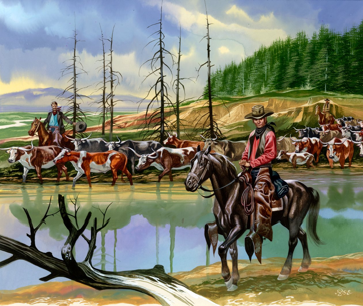 Cowboy texani che guidano il bestiame verso nord da Ron Embleton