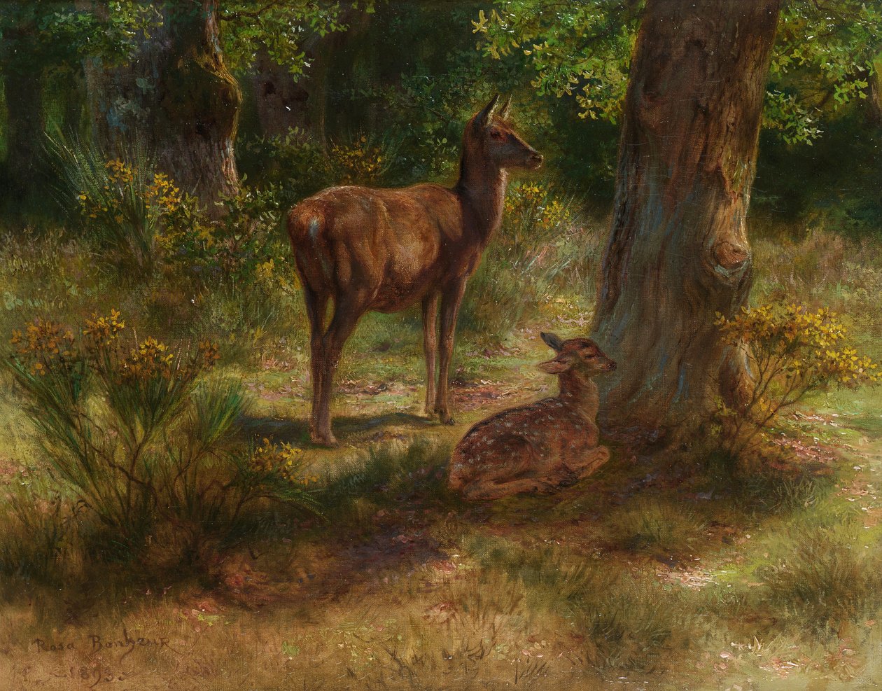 Cervo e cerbiatto in un bosco da Rosa Bonheur
