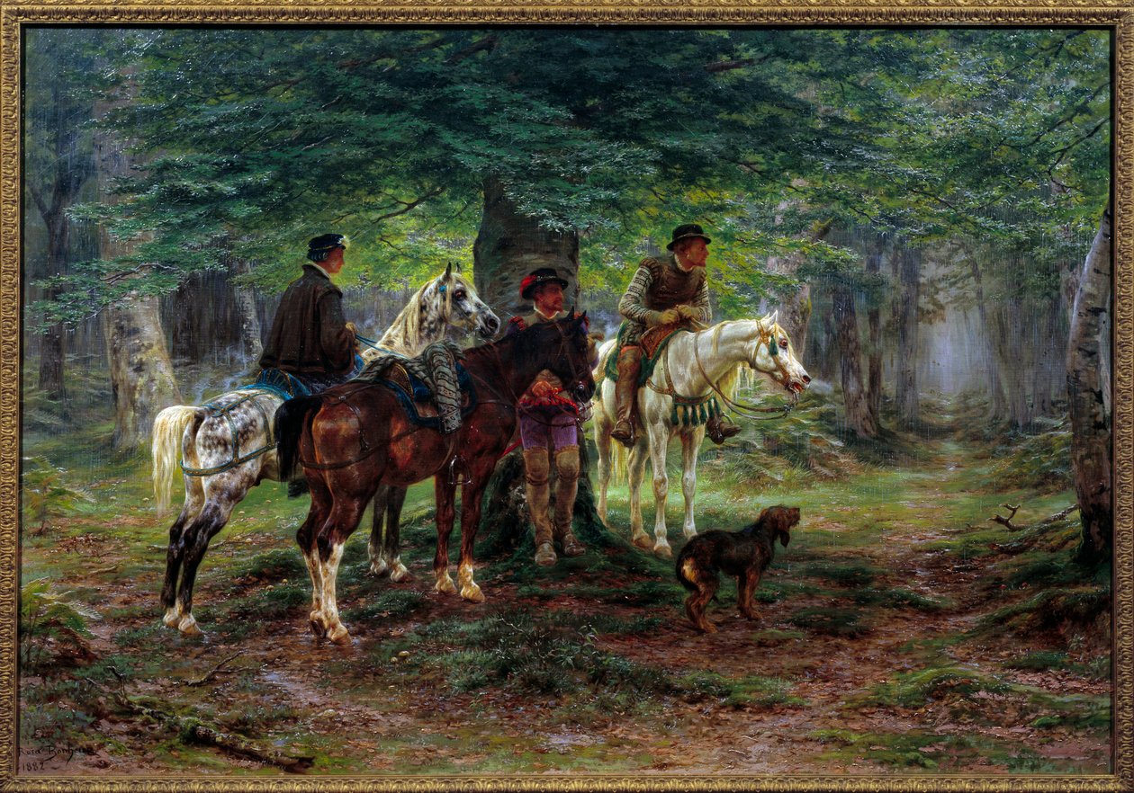 Cavalieri sorpresi dalla pioggia (XVII secolo). In una foresta, uomini a cavallo si riparano sotto un albero aspettando che la pioggia smetta di cadere da Rosa Bonheur