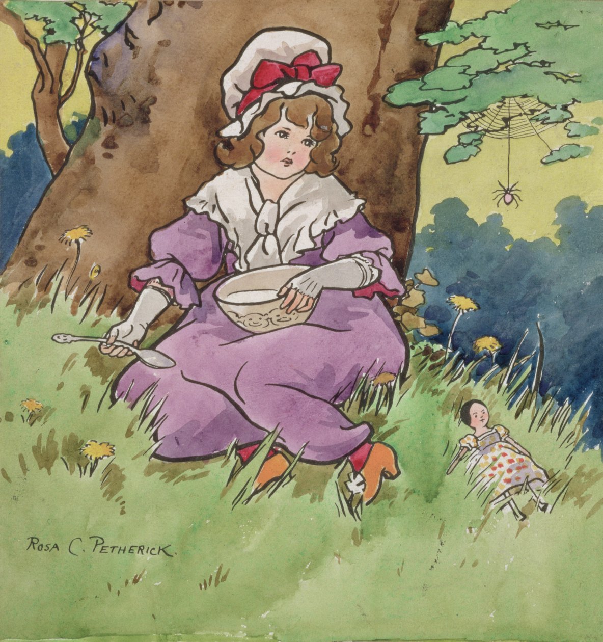 Little Miss Muffet (acquerello su matita su tavola da disegno) da Rosa Petherick