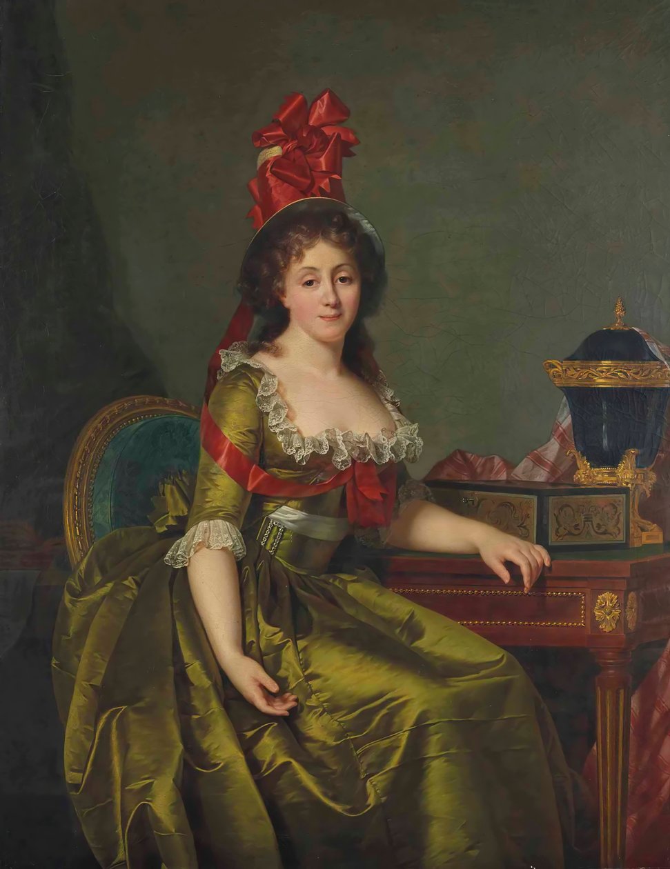 Ritratto di una signora, in un vestito di raso verde e un cappello con nastri rossi da Rose Adelaide Ducreux