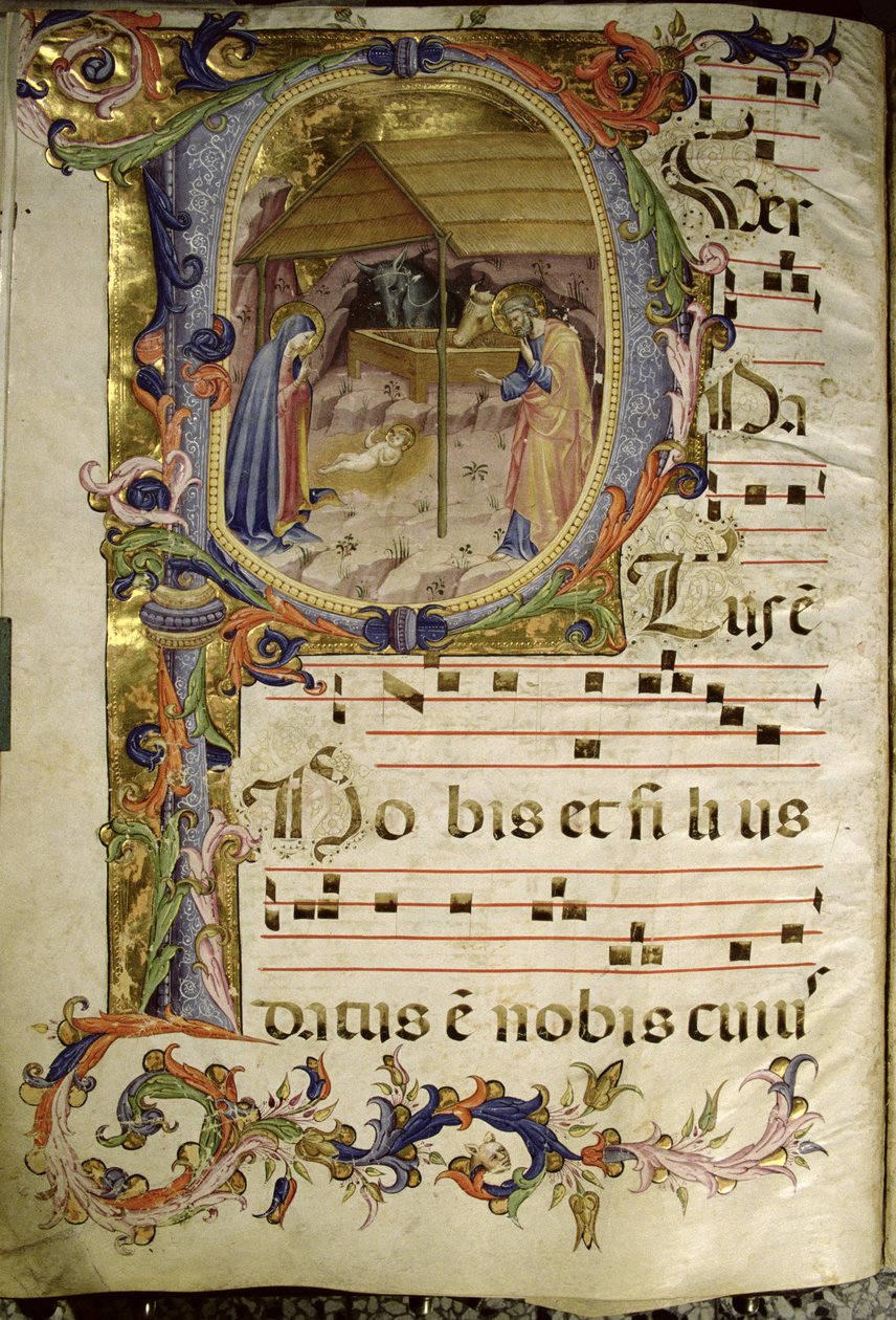 Corale / Graduale n.5 Iniziale istoriata "P" raffigurante la Natività da Rossello Franchi