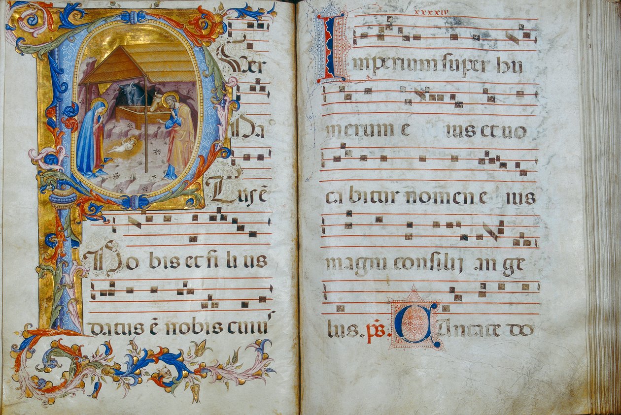 Libro del coro "D," esposto nella Cattedrale di Santo Stefano: una lettera istoriata che raffigura la Natività, c.1429-35 da Rossello di Jacopo Franchi