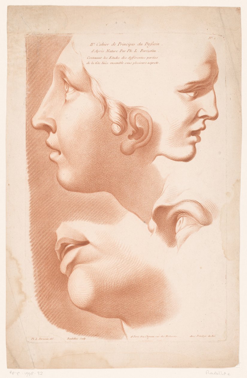 Frontespizio con due volti di donne, bocca e occhio (Principi del disegno dal vero, parte seconda) (IIe Cahier de Principes du Dessin d