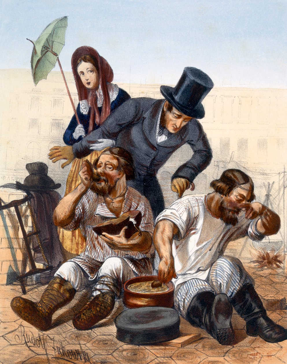 Coppia ricca parla con una coppia di carpentieri ubriachi che cucinano e mangiano in strada, 1843 da Rudolf Jukowsky