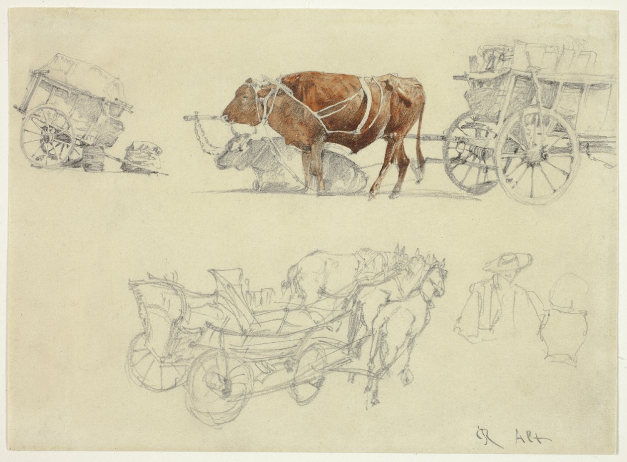 Studi sui carri contadini slovacchi con buoi e cavalli da Rudolf von Alt