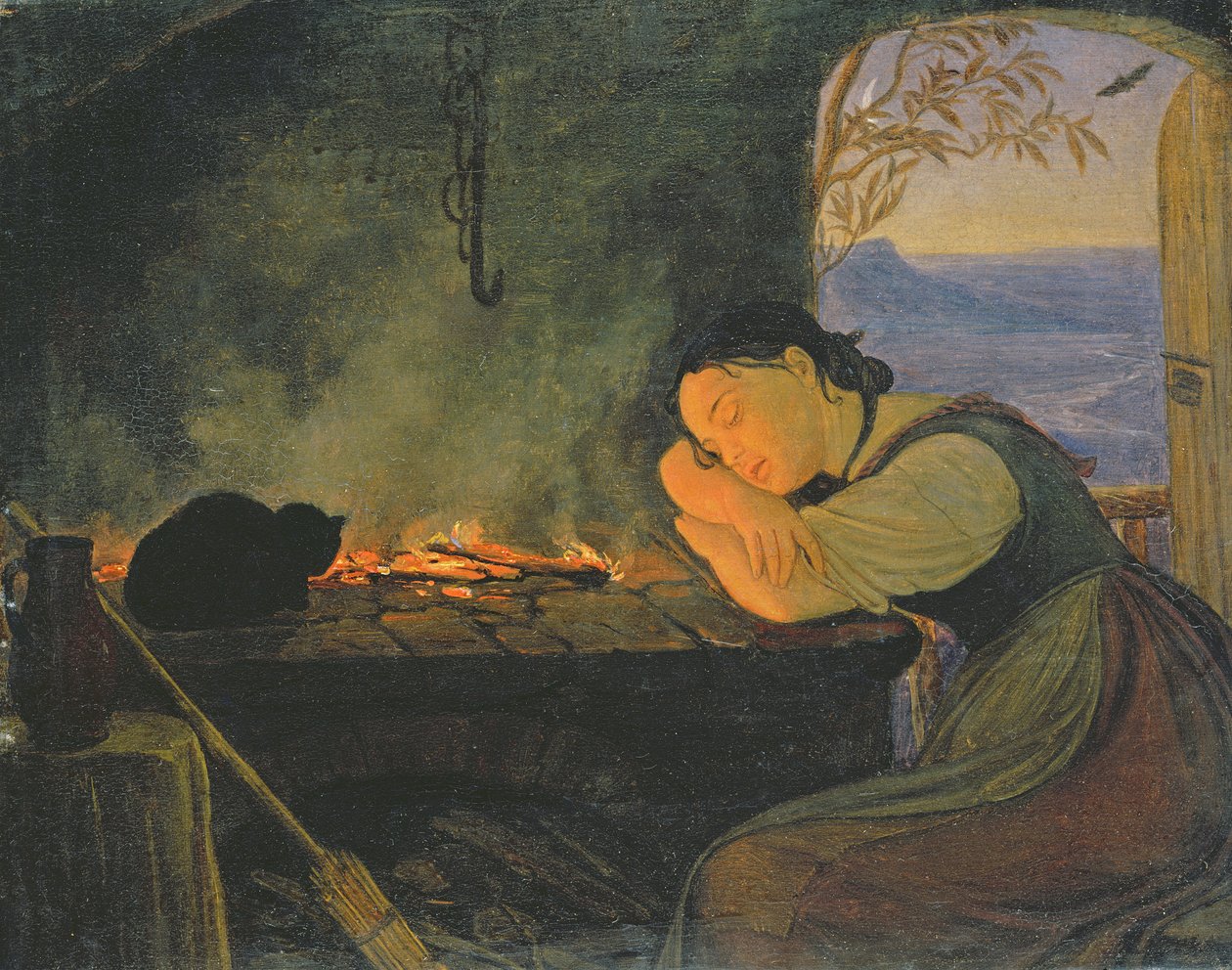 Ragazza che dorme vicino al fuoco, 1843 da Rudolph Friedrich Wasmann