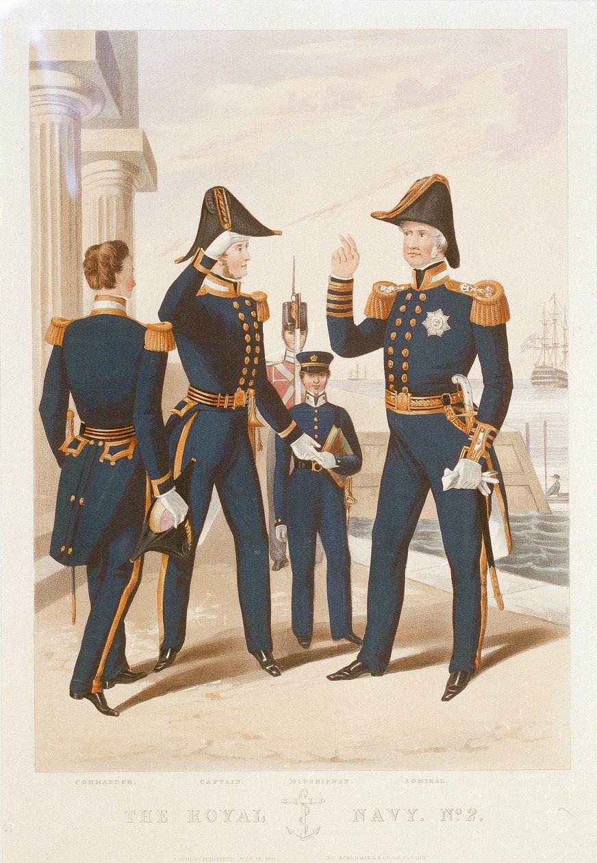 La Royal Navy. N. 2. Comandante. Capitano. Guardiamarina. Ammiraglio. da Rudolph Ackermann