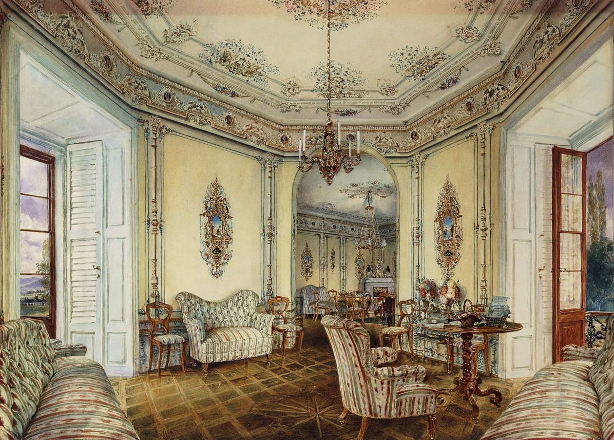 Vista interna del salone di un castello a Obertwaltersdorf da Rudolf von Alt