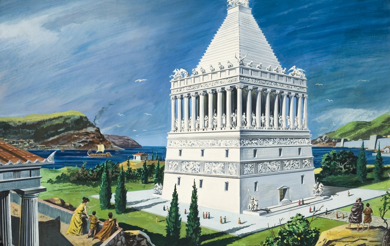 Il Mausoleo di Alicarnasso, completato nel 353 a.C. (gouache su carta) da Ruggero Giovannini