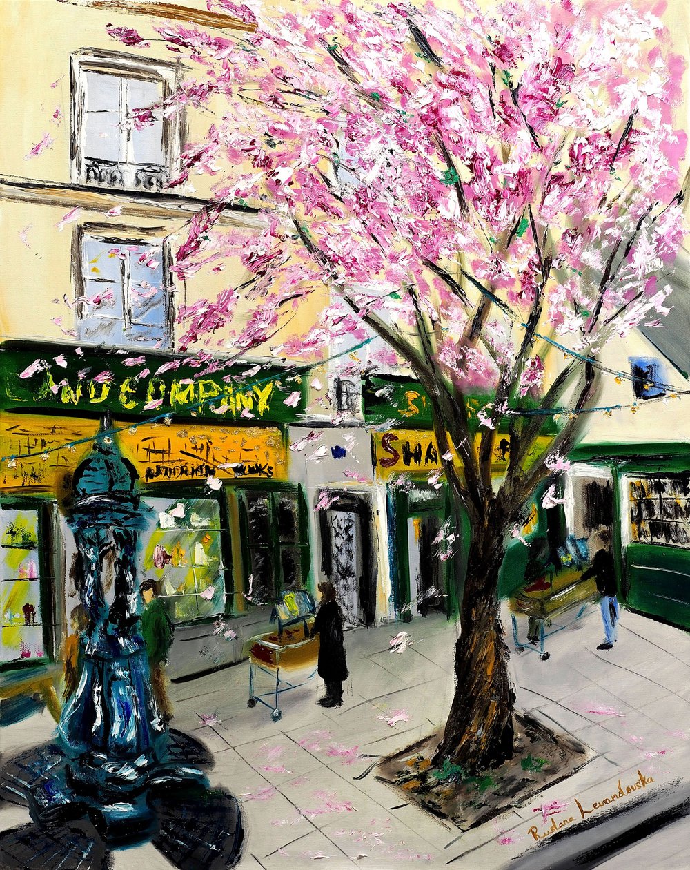 Fiori di ciliegio a Shakespeare and Co Paris - con decorazione dorata, 2023 da Ruslana Levandovska