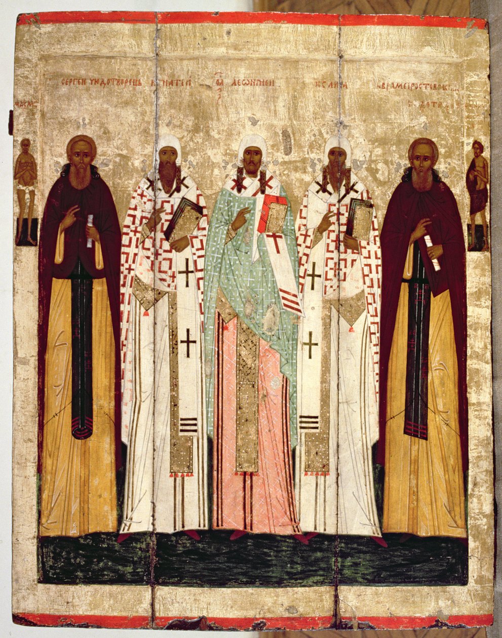 San Sergio di Radonesh con i santi di Rostov da Russian School