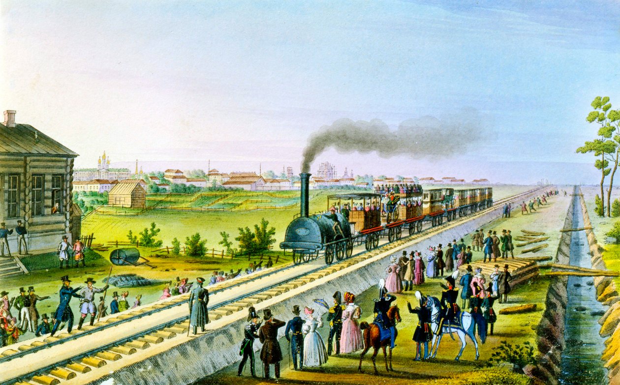 Apertura della prima linea ferroviaria da San Pietroburgo a Pavlovsk, Russia, 1830s da Russian Master