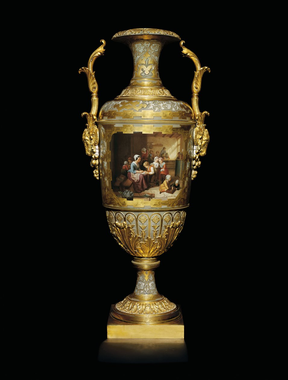 Vaso a due manici in porcellana e foglia d