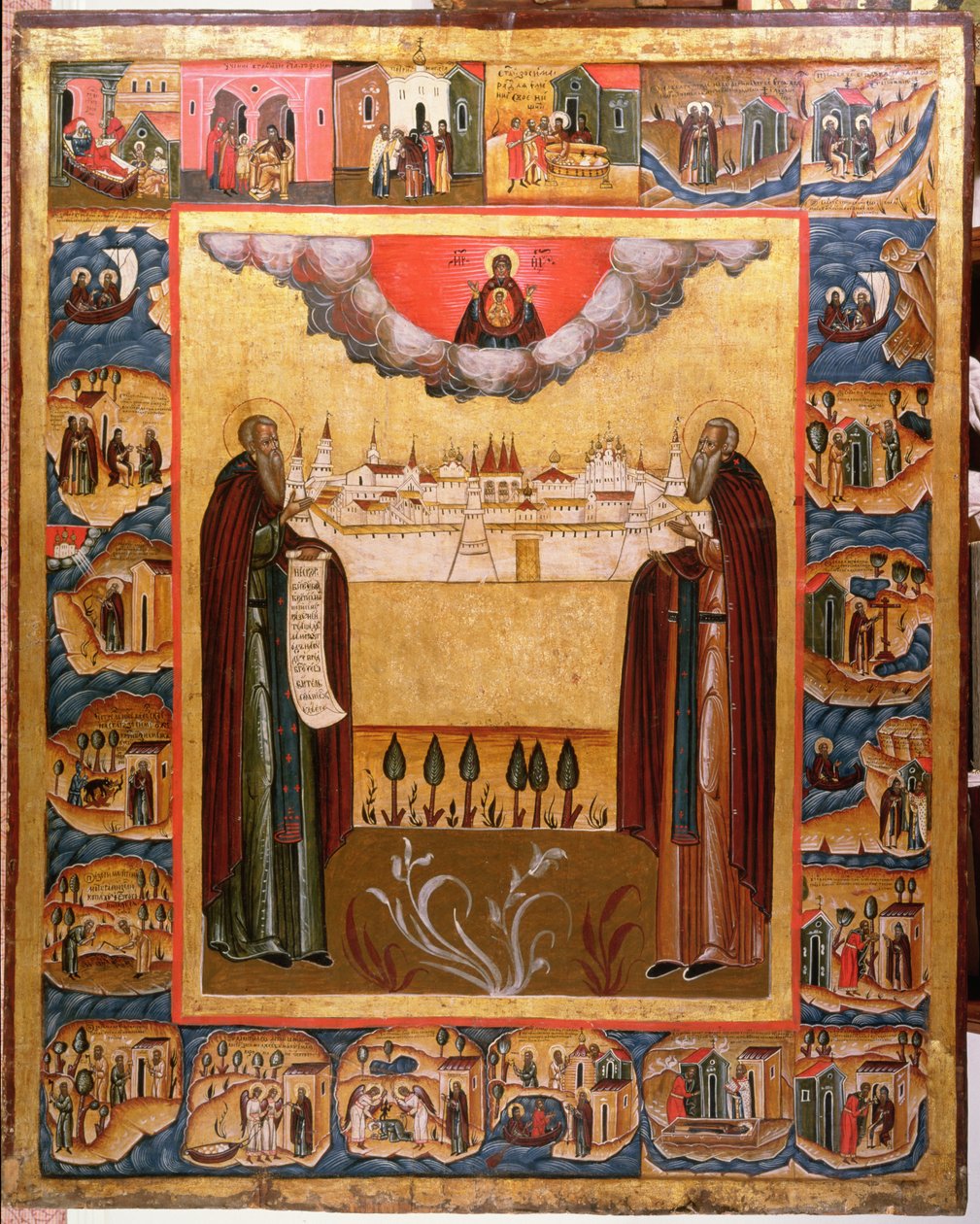 Santi Zosimo e Sabbateo di Solovetsk con scene della loro vita da Russian School