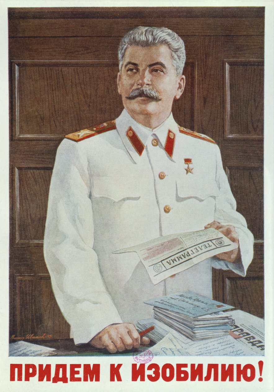 Poster sovietico di Stalin che legge un telegramma, 1949 da Russian School