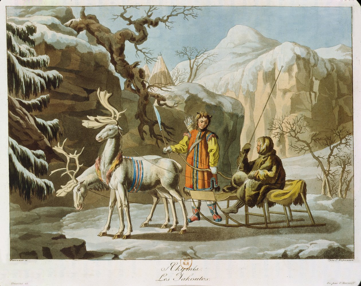 Yakuti della Siberia centrale in paesaggio invernale, vestiti di pellicce e con una slitta trainata da renne, pubblicato nel 1813 da Russian School