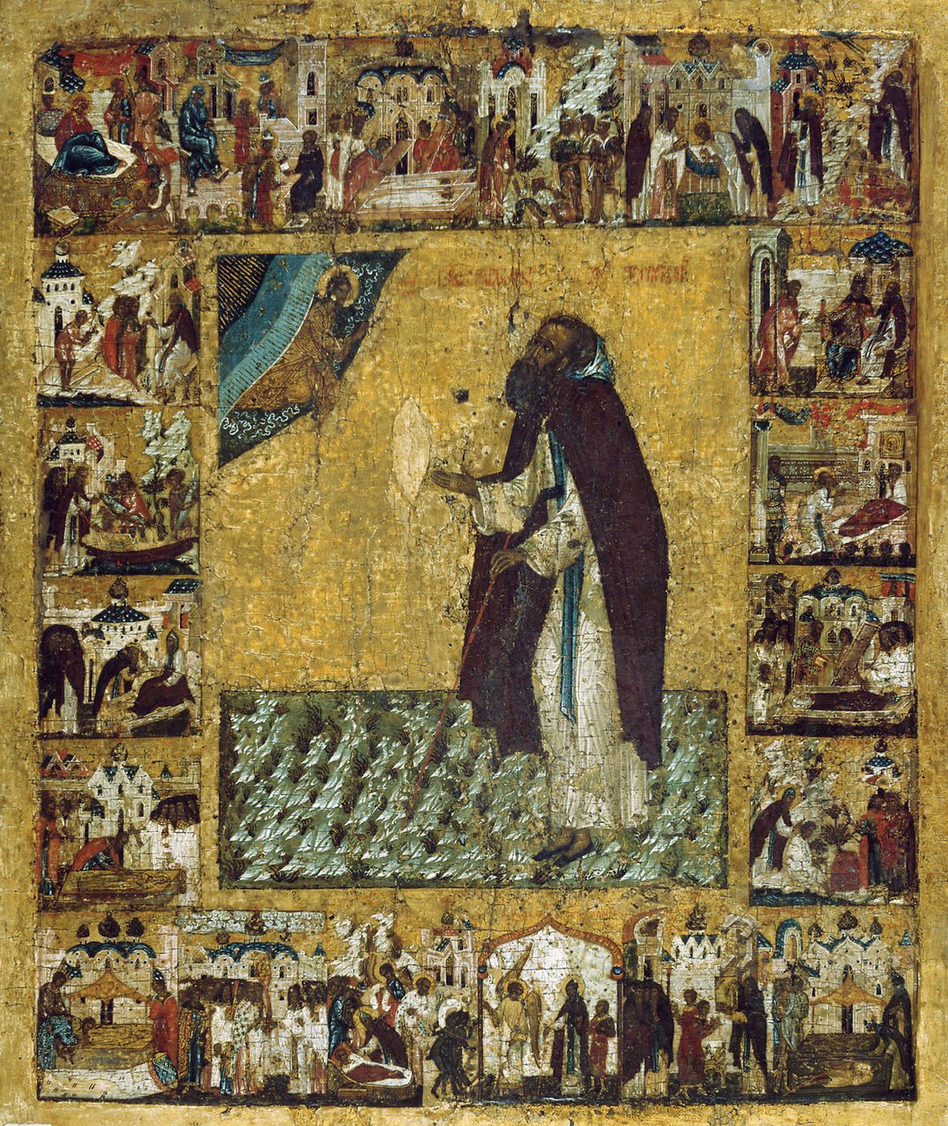 San Barlaam di Khutyn con scene della sua vita, 1560s da Russian icon.