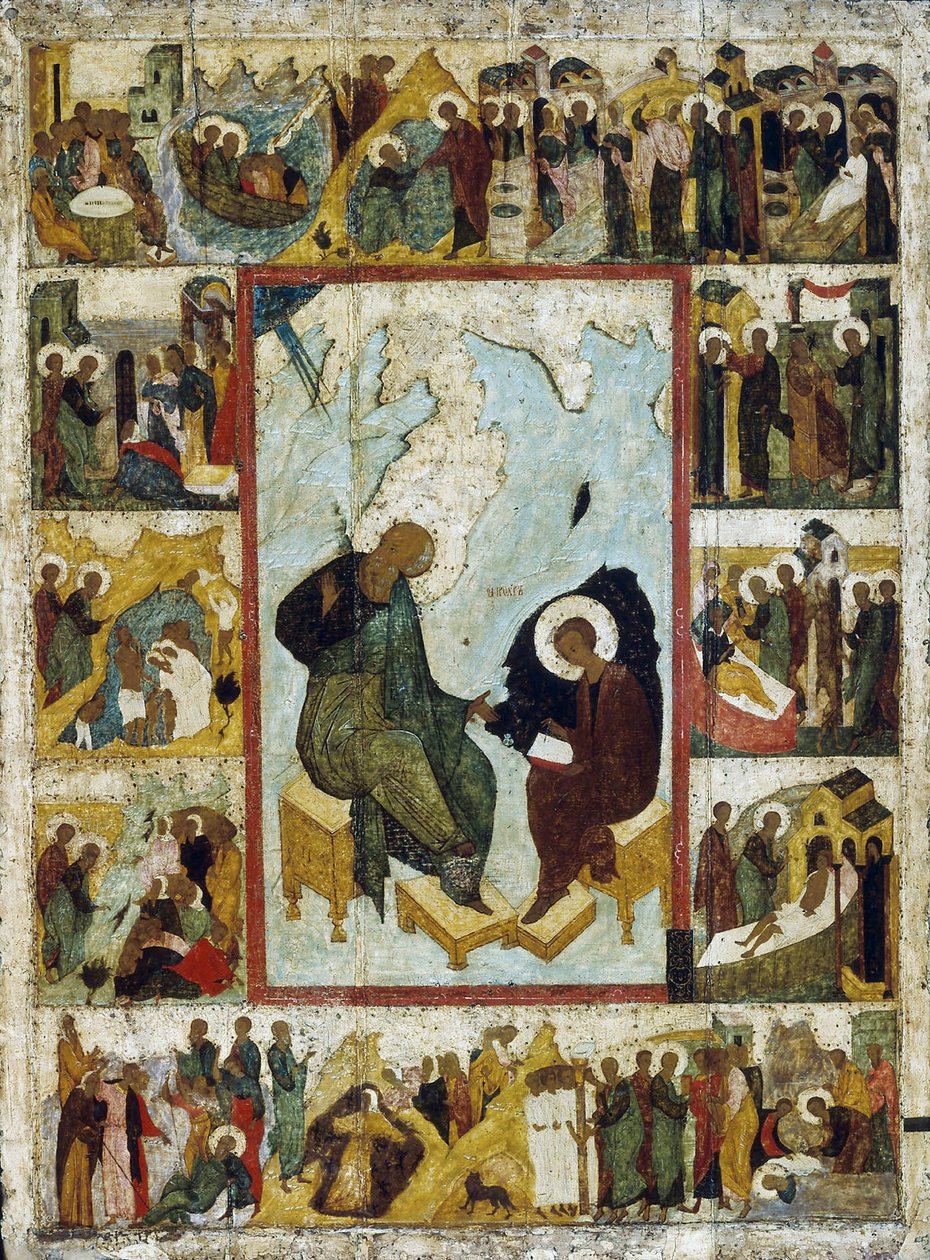 San Giovanni Evangelista a Patmos con Scene della Sua Vita, inizio XVI secolo da Russian icon.