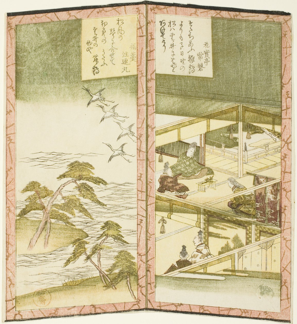 Interno del palazzo e spiaggia, da un esapittico senza titolo che raffigura una coppia di paraventi pieghevoli da Ryuryukyo Shinsai
