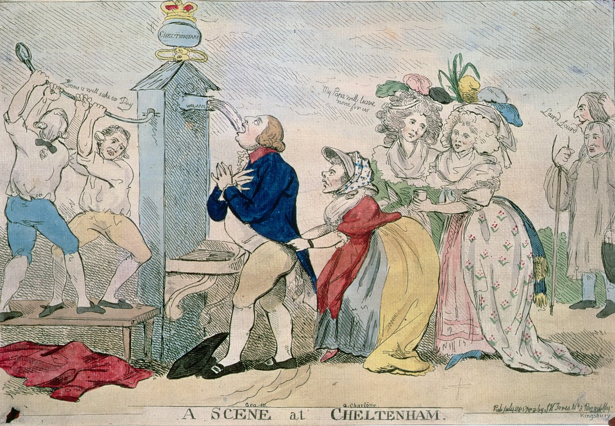 Una scena a Cheltenham. Cartone satirico, pub. 1788 da S.W. Fores