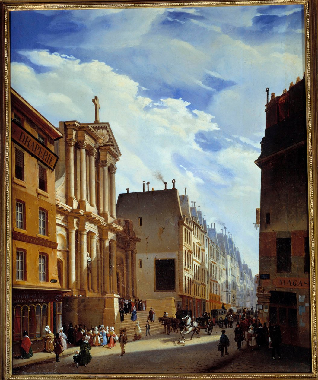 Veduta della rue Saint Honore e della chiesa Saint Roch a Parigi nel 1840 (olio su tela) da S. Mingasson de Martinazeau
