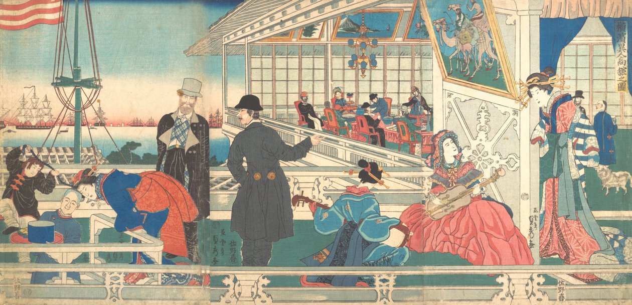Casa dei Mercanti Stranieri a Yokohama, 9° mese, 1861 da Sadahide Utagawa