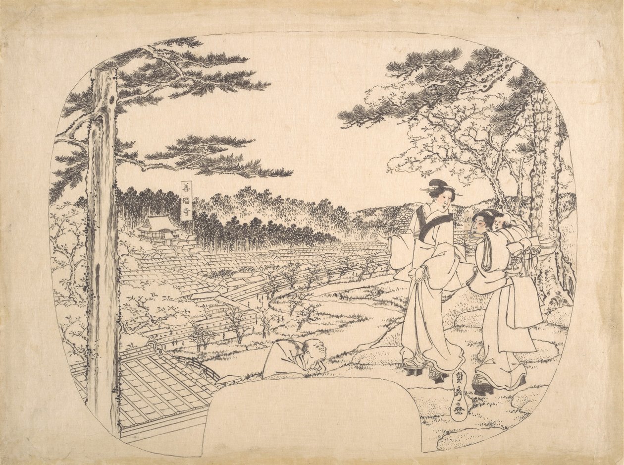 Due donne che ammirano i panorami da un punto di osservazione...il tempio Zenpukuji da Sadahide Utagawa