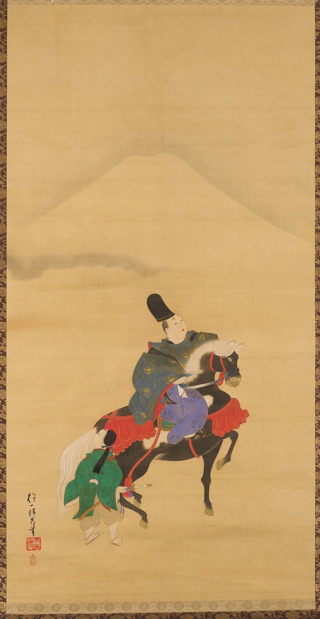Narihira reitet unterhalb des Fuji da Sakai Hoitsu