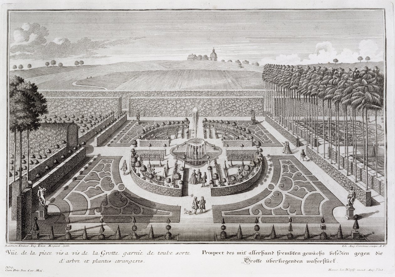 Vista del giardino topiario accanto alla grotta, Geibach, inciso da Johann August Corvinus, pubblicato nel 1728 da Salomon Kleiner