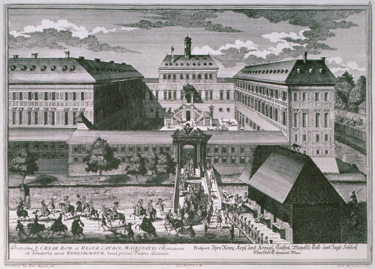 Veduta del Castello di Ebersdorff vicino a Vienna incisa da Georg-Daniel Heumann da Salomon after Kleiner