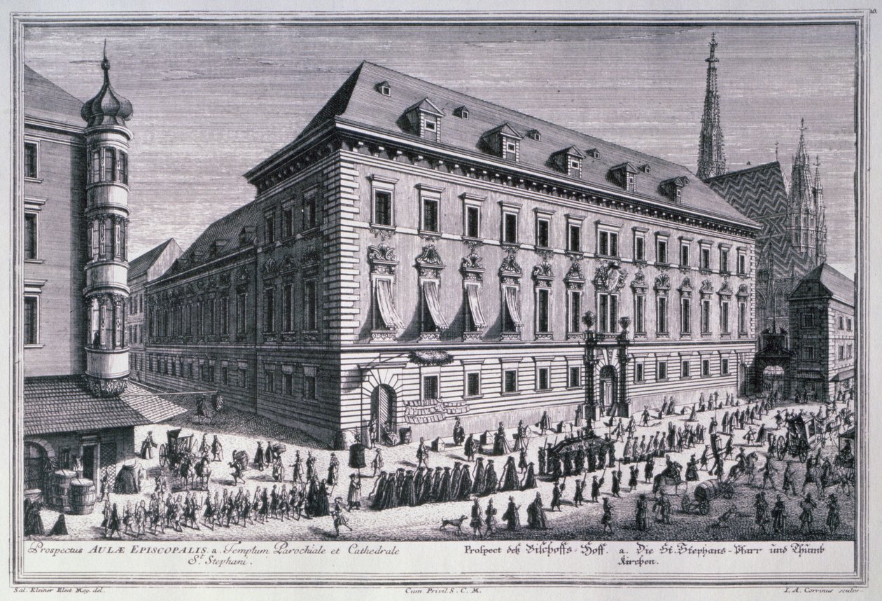 Veduta di un corteo funebre con la Cattedrale di Santo Stefano sullo sfondo incisa da Johann-August Corvinus da Salomon after Kleiner