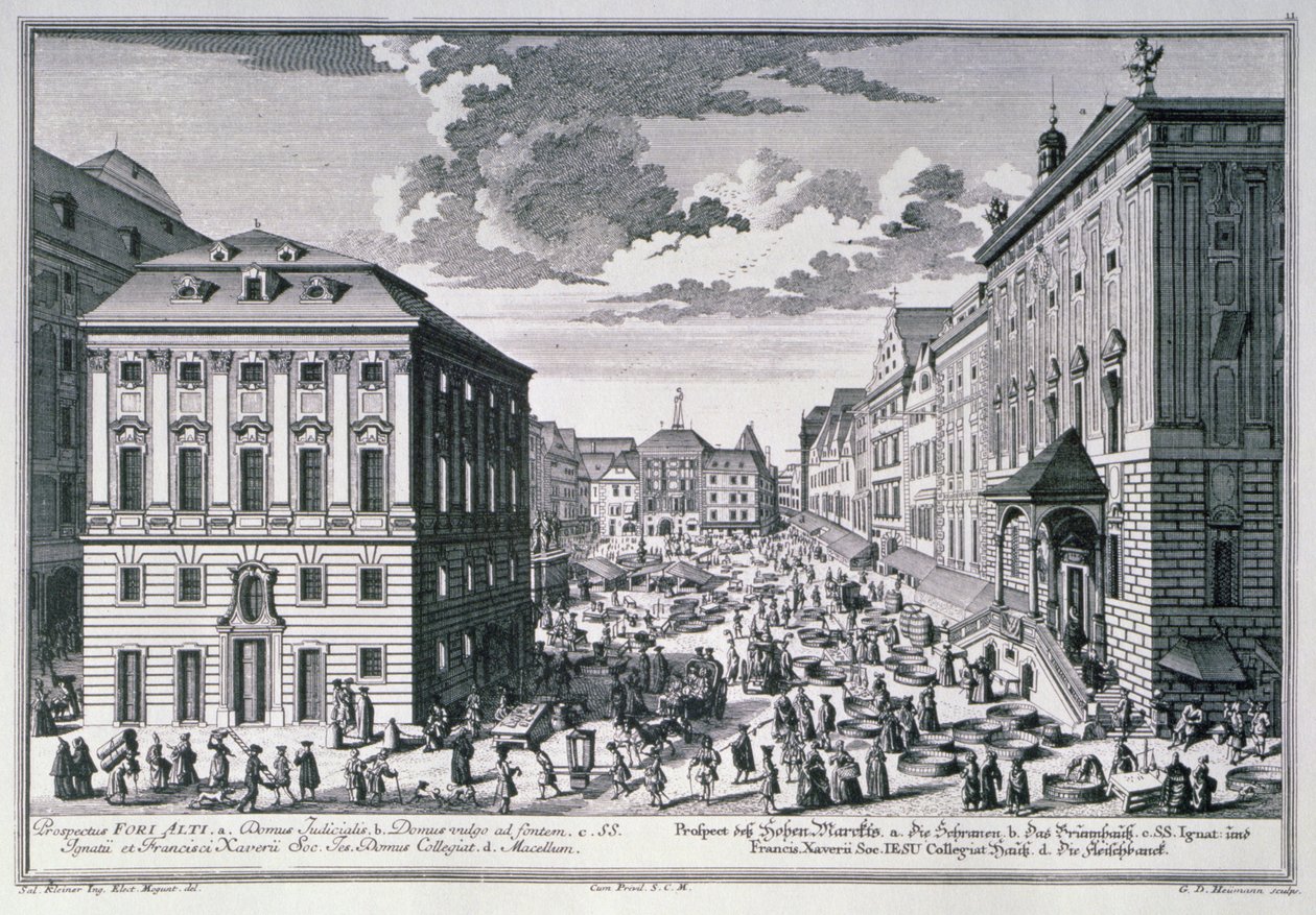 Veduta del Mercato Alto, Vienna incisa da Georg-Daniel Heumann da Salomon after Kleiner