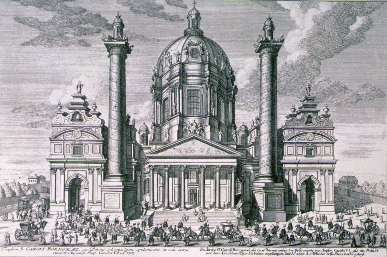 Veduta della Karlskirche, Vienna incisa da Hieronymous Sperling da Salomon after Kleiner