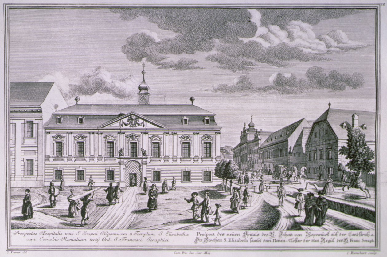 Veduta del nuovo ospedale di San Giovanni Nepomuceno, Vienna incisa da Karl Remshard da Salomon after Kleiner