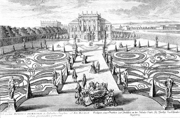 Veduta di un giardino e casa a Josefstadt, Vienna, inciso da Johann August Corvinus (1683-1738) da Salomon (after) Kleiner