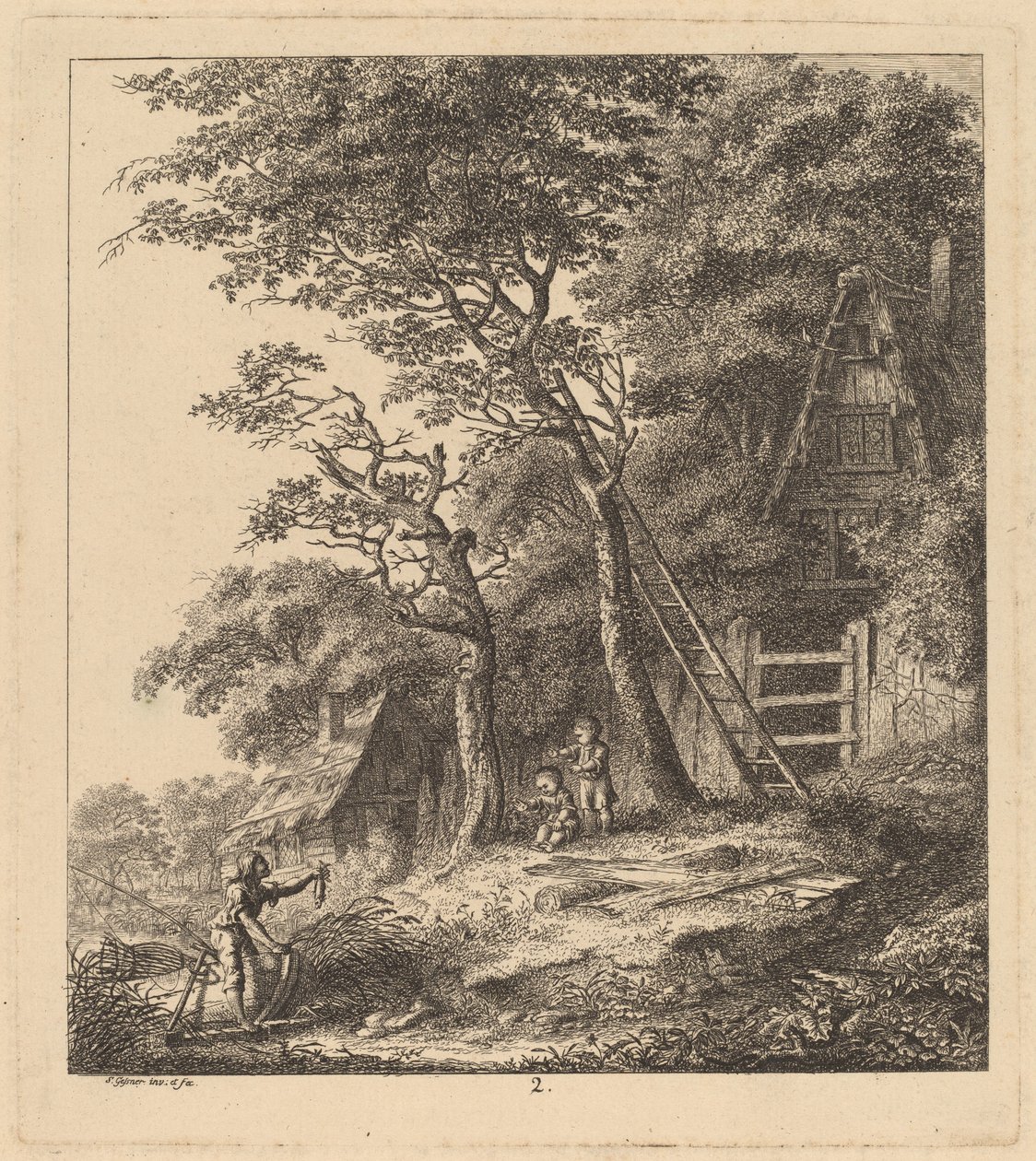 Un pescatore e due bambini in un paesaggio con cottage dal tetto di paglia da Salomon Gessner