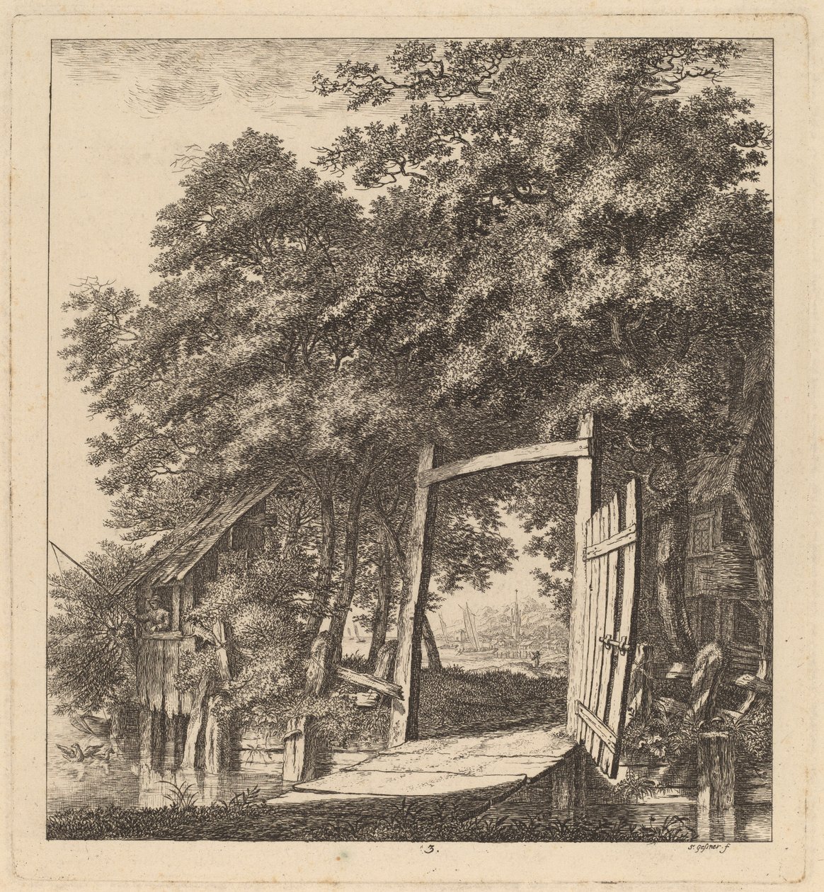 Un cancello rustico accanto a un lago da Salomon Gessner